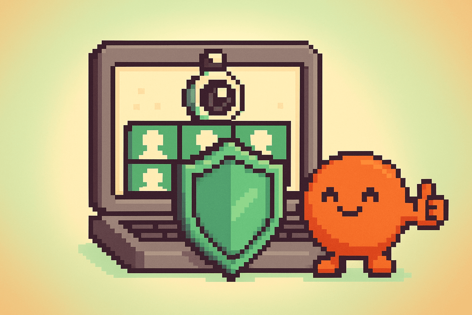 A laptop with a webcam and a shield, showing the video stays on your device, with Vibey giving a thumbs up