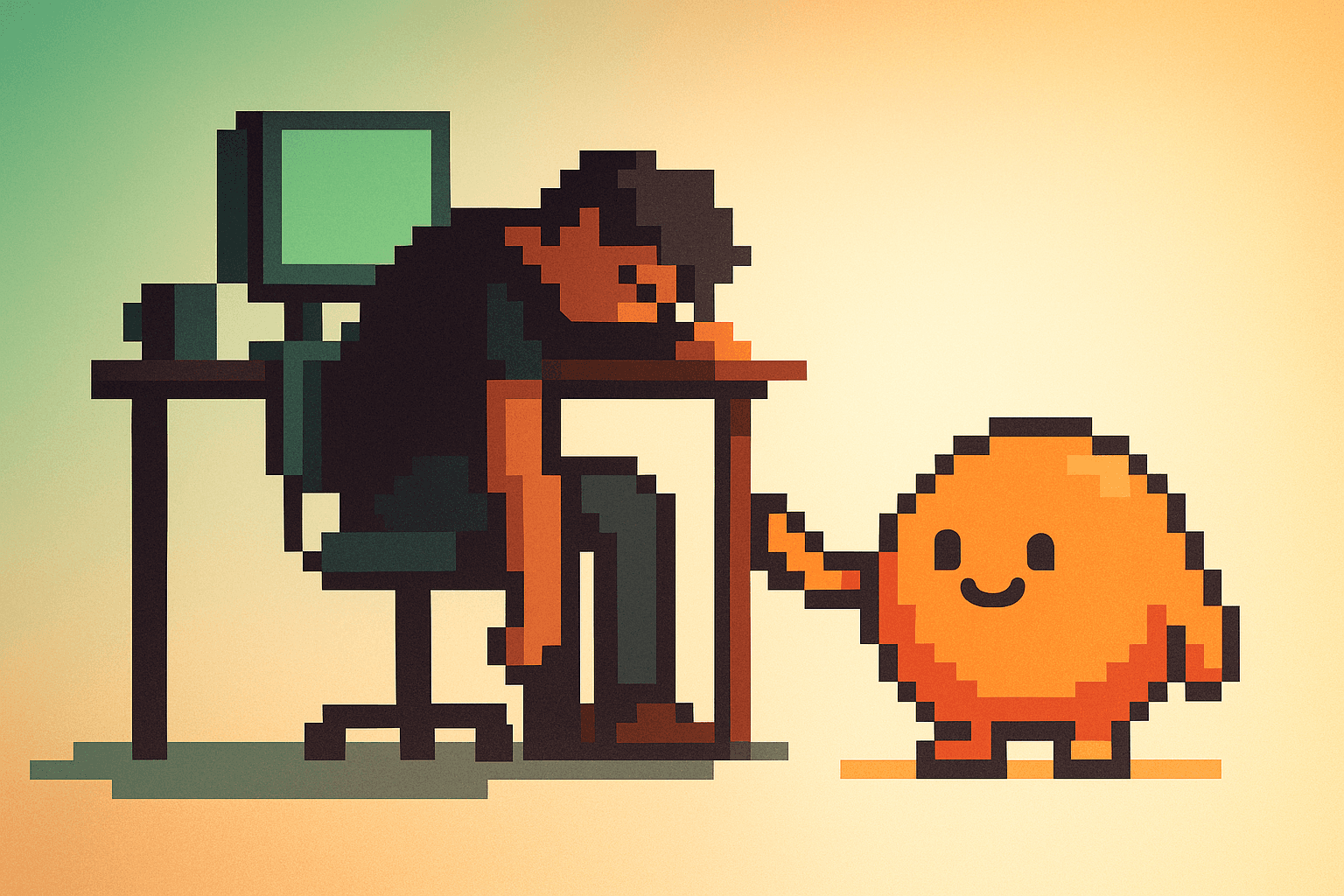 A developer slumped at their desk after sitting too long, with the VibeFit mascot encouraging them to get up