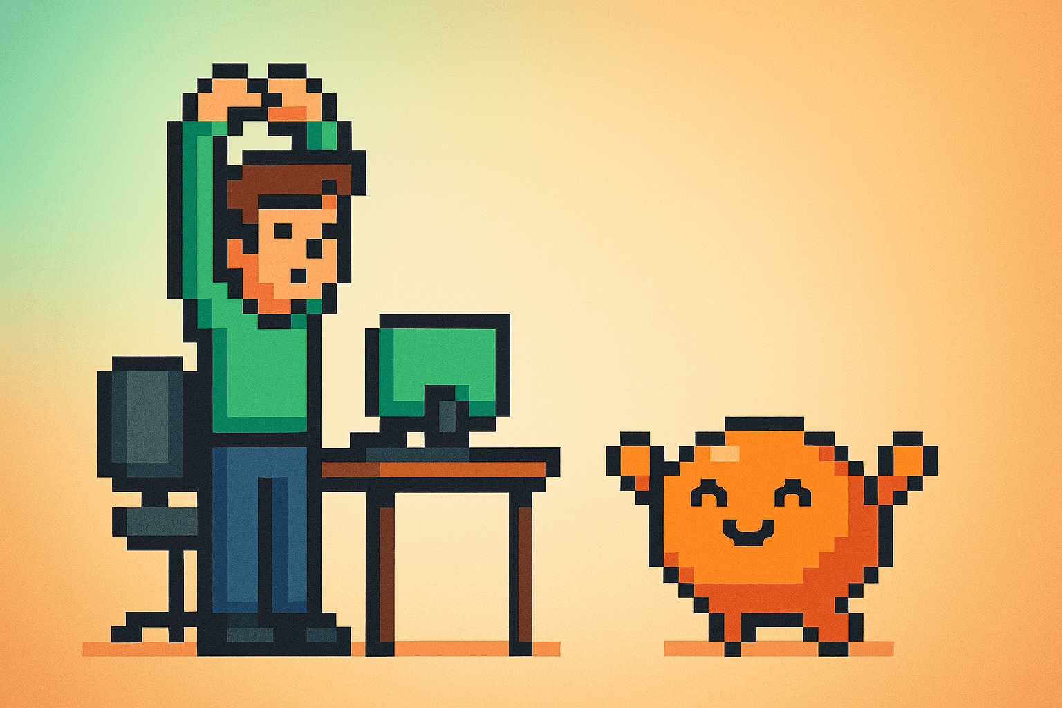 A developer standing up to stretch beside their desk while Vibey, the VibeFit mascot, cheers them on