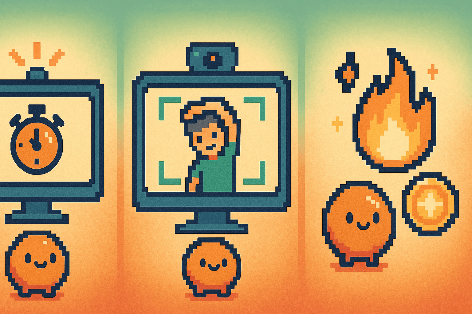 Three steps: a break timer, a webcam verifying a squat, and a streak flame with a coin reward